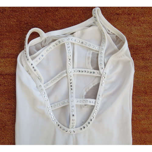 White diamante girl's dance / acrobatics unitard leotard (8-9 yrs) + 2 pairs gloves