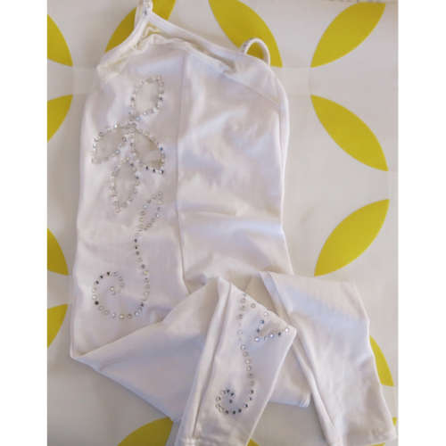 White diamante girl's dance / acrobatics unitard leotard (8-9 yrs) + 2 pairs gloves