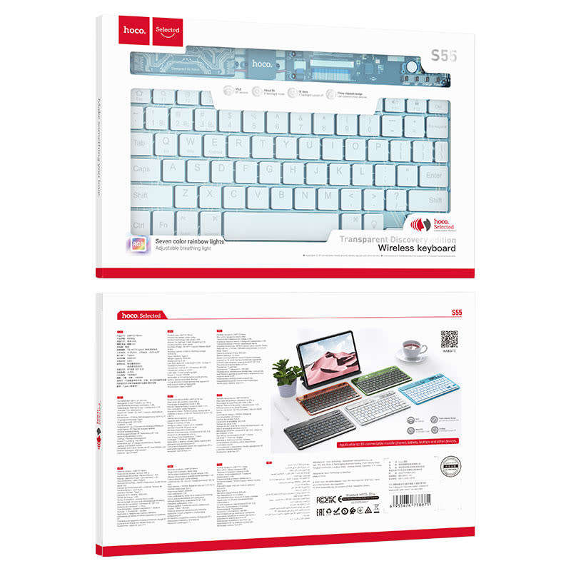 Hoco Slim Bluetooth Wireless Keyboard, Transparent +7 Colour Lighting Effects, S5- Blue