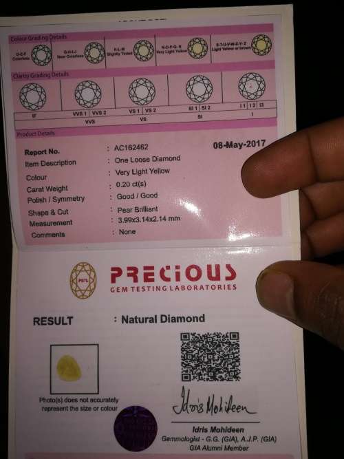0.20 ct PGTL Certified Romantic Pear (4 x 3 mm) Fancy Light Yellow Diamond