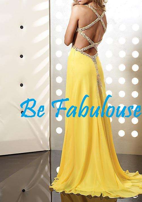 Yellow Pleat chiffon cross back studded Matric farewell evening dress!!!