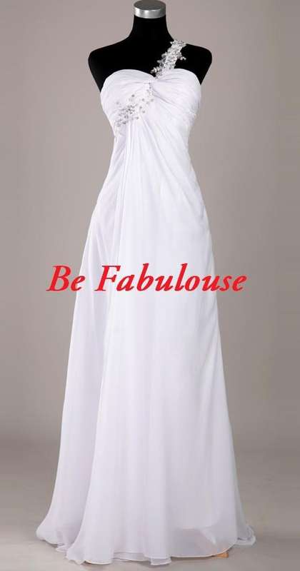 White  chiffon one shoulder open back  watteau train dress evening wedding SEXY !!!