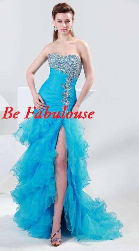 Blue ruffle leg slit lace up back court train cocktale dress !!!