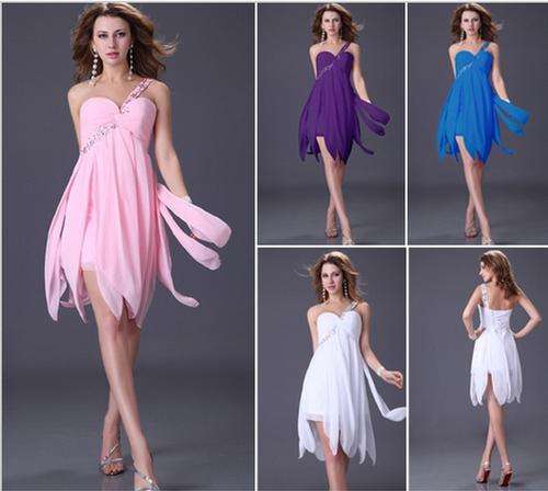 White pink blue purple chiffon one shoulder lace up back  evening cocktail dress SEXY !!!