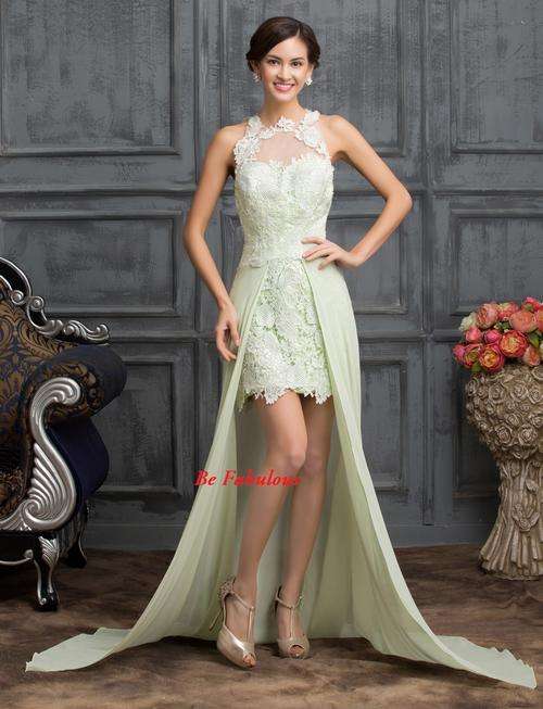 NEW INN Light green High Low skirt halter deep V back lace chiffon cocktale dress !!!