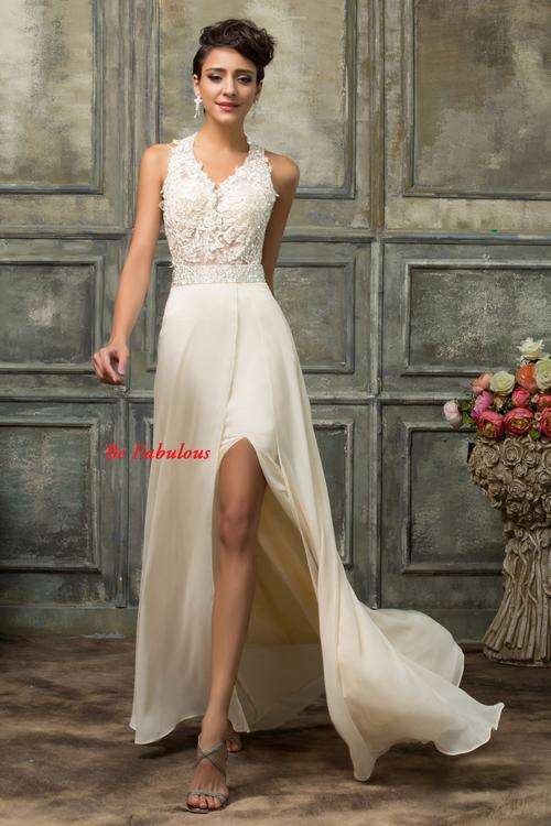 NEW IN Beige chiffon leg slit evening cocktail dress !!!