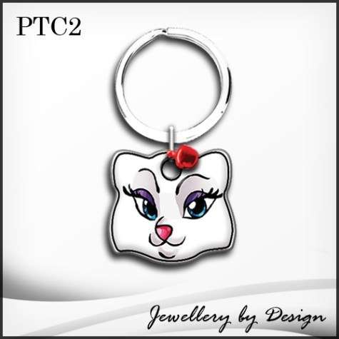 WHITE MS. CAT NAME TAG & BELL + FREE ENGRAVING (PTC2)