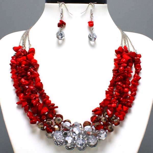 STUNNING RED CORAL NATURAL STONE NECKLACE SET