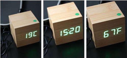 Voice & Touch Activated  LED Cube Wooden Alarm Clock