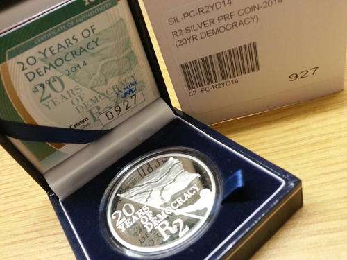 2 x Brand New 2014 20 Years of Democracy **PROOF STERLING SILVER R2 CROWN - WITH COA**