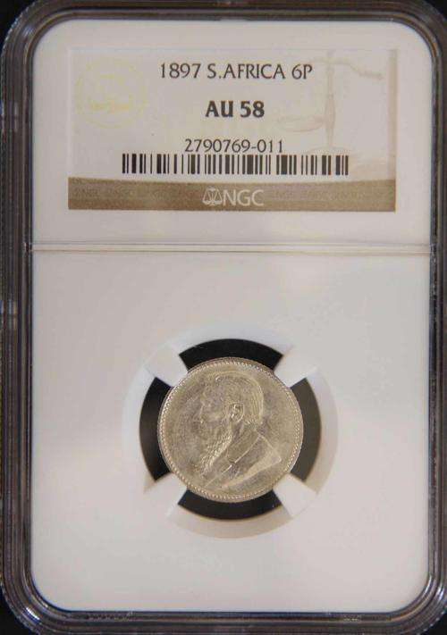 ZAR  - 1897 - SIXPENCE - NGC - AU 58