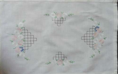 Linen embroidered tray cloth daisies and trellis work soft colours