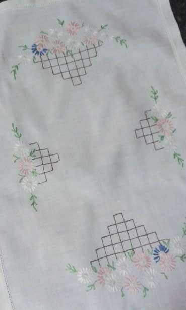 Linen embroidered tray cloth daisies and trellis work soft colours