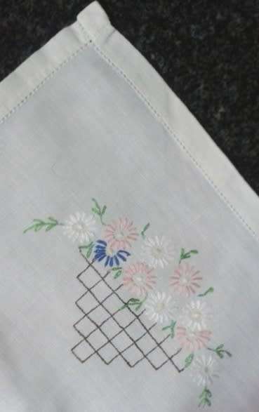 Linen embroidered tray cloth daisies and trellis work soft colours