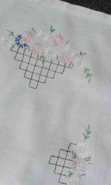 Linen embroidered tray cloth daisies and trellis work soft colours