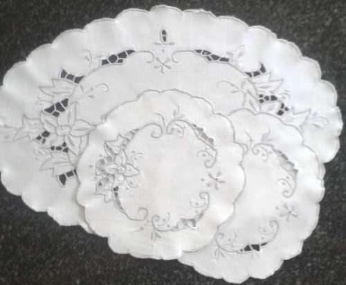 Linen three piece dresser set cut work and grey embroidery