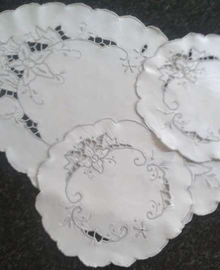 Linen three piece dresser set cut work and grey embroidery
