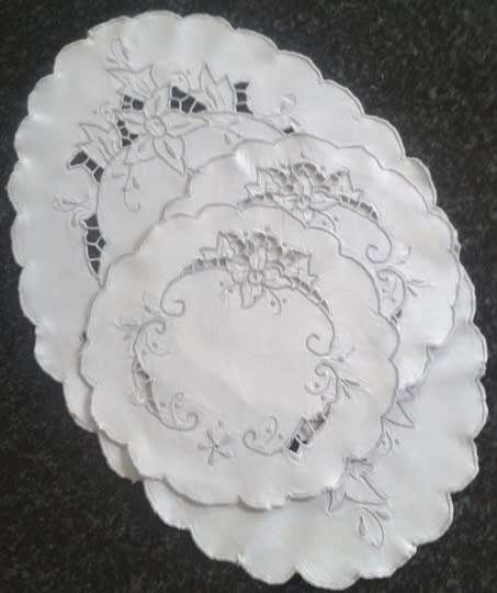 Linen three piece dresser set cut work and grey embroidery