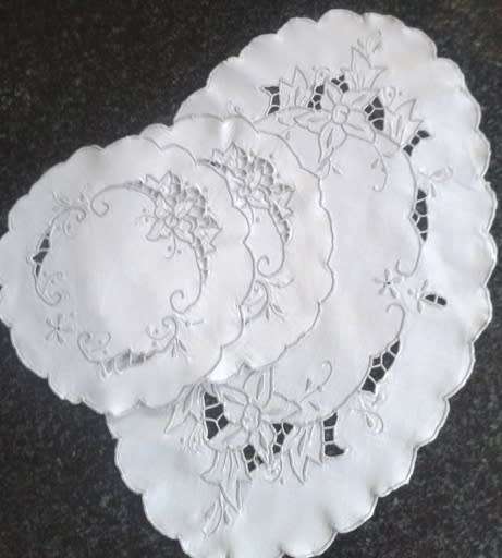 Linen three piece dresser set cut work and grey embroidery