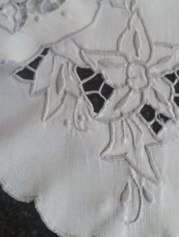 Linen three piece dresser set cut work and grey embroidery