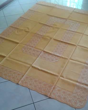 Vintage vinyl tablecloth flannel back mustard colour