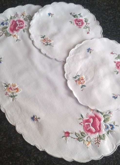 Three piece dresser set vintage cotton embroidered roses