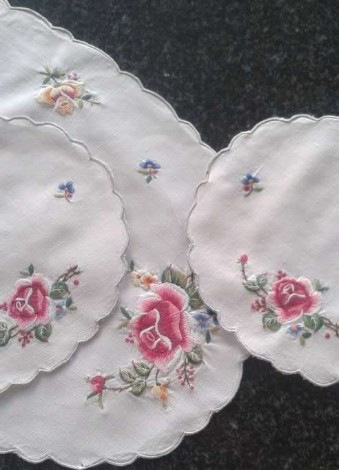 Three piece dresser set vintage cotton embroidered roses