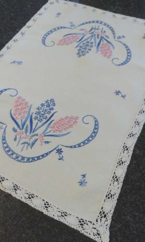 Embroidered linen tray cloth pretty edge