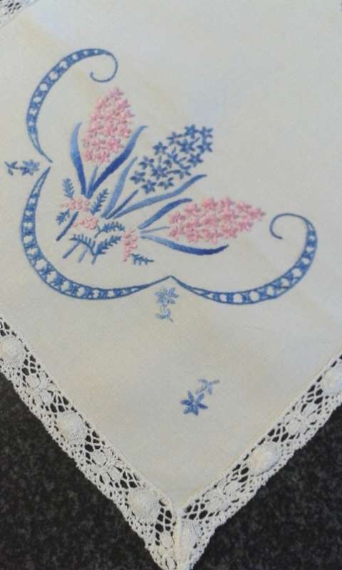Embroidered linen tray cloth pretty edge
