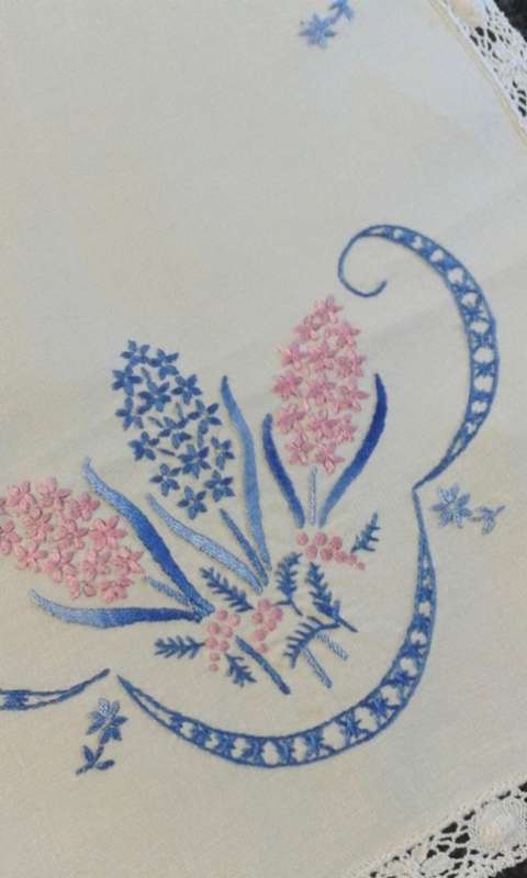 Embroidered linen tray cloth pretty edge