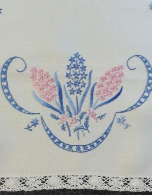 Embroidered linen tray cloth pretty edge
