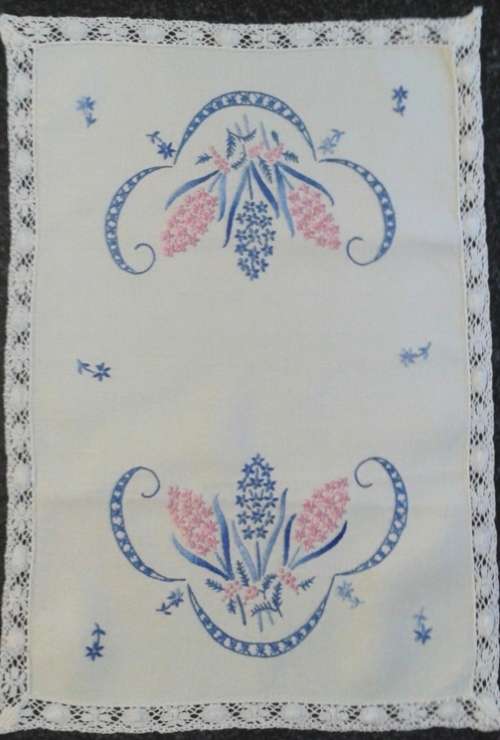 Embroidered linen tray cloth pretty edge