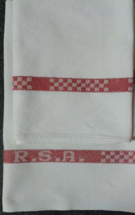 Two vintage linen kitchen glass cloths red stripes