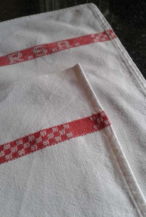 Two vintage linen kitchen glass cloths red stripes