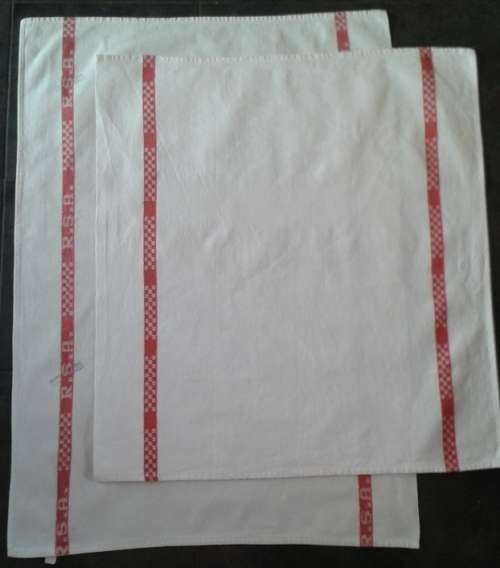Two vintage linen kitchen glass cloths red stripes