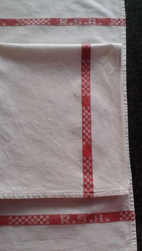 Two vintage linen kitchen glass cloths red stripes