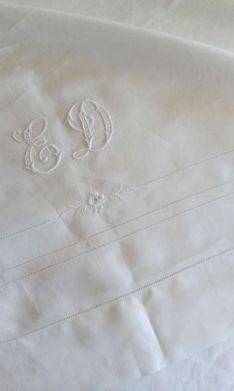 Antique linen bed sheet monogram ED