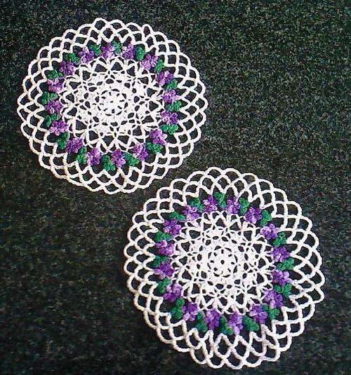 Pair of white cotton doilies with purple flowers 22cm