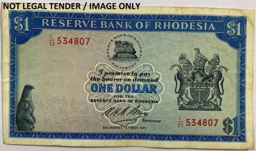 Rhodesian 1 Dollar 14 May 1971 Salisbury, L31/534807 " Condition as per actual image".