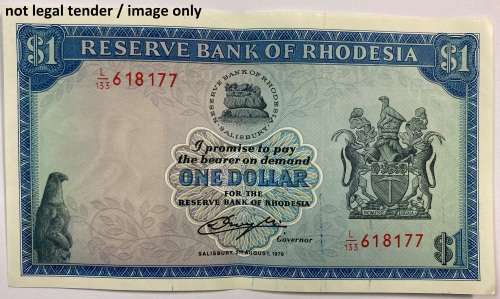 Rhodesian $1 Note of 2 Aug 1979 Salisbury No: L133/618177. "Condition as per image".