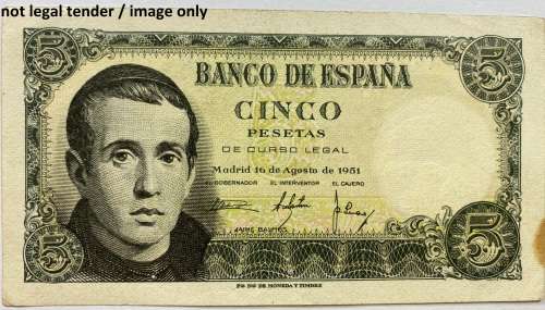 Spanish 5 Pesetas of Madrid 16 Aug 1951 "Condition as per actual image".