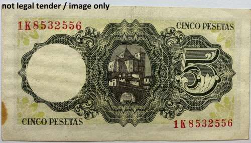 Spanish 5 Pesetas of Madrid 16 Aug 1951 "Condition as per actual image".