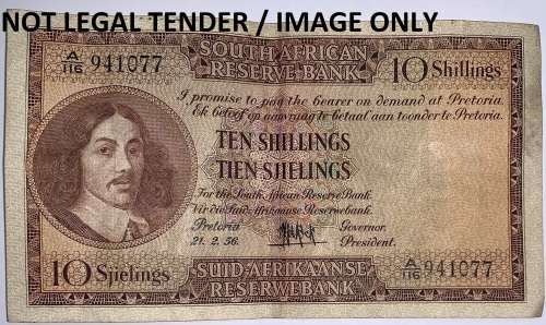 10 Shillings of 21-2-1956 by Gov. M.H. De Kock, 3rd issue.