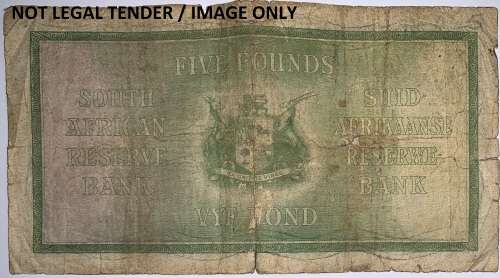 SA Five Pound Note of 22 Nov 1937 by Gov. J. Postmus, 1st issue no: B12/565464.