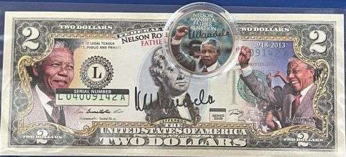USA $2 Dollar : NELSON MANDELA and coloured KENNEDY HALF DOLLAR
