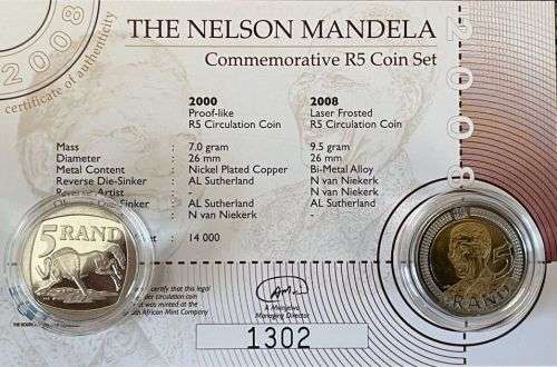 NELSON MANDELA : COMMEMORATIVE R5 COIN SET ( CERT NO 1302) in brown SAM box