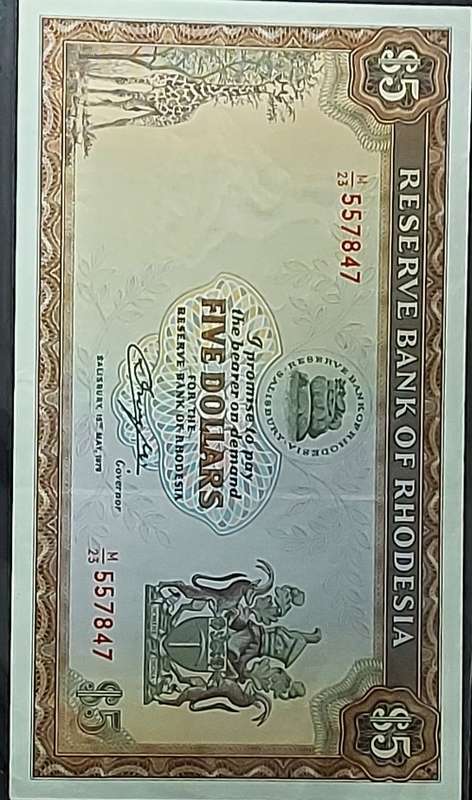 5 DOLLARS RESERVE BANK OF RHODESIA - WITH EAGLE WATER MARK