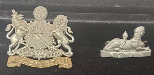 MANCHESTER REGIMENT CAP BADGES (1898-1926) & BRITISH COMMON WEALTH BADGE ( 1902-1936 )