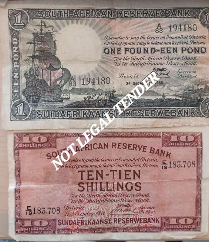 2 x SOUTRH AFRICAN RESERVE BANK NOTES : 1 X 10 SHILLING AND 1 X POUND