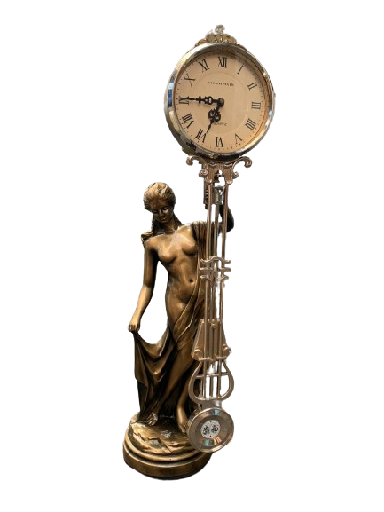 CROSA spelter figurine swinging pendulum quartz clock. 27` Tall. Standing Partically nude as a woman